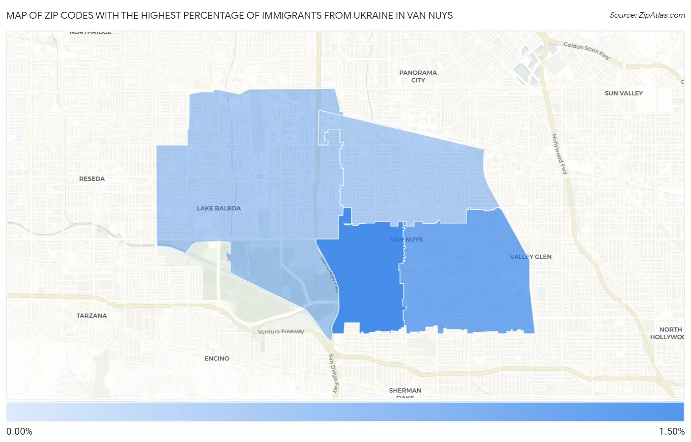 Zip Codes with the Highest Percentage of Immigrants from Ukraine in Van Nuys Map
