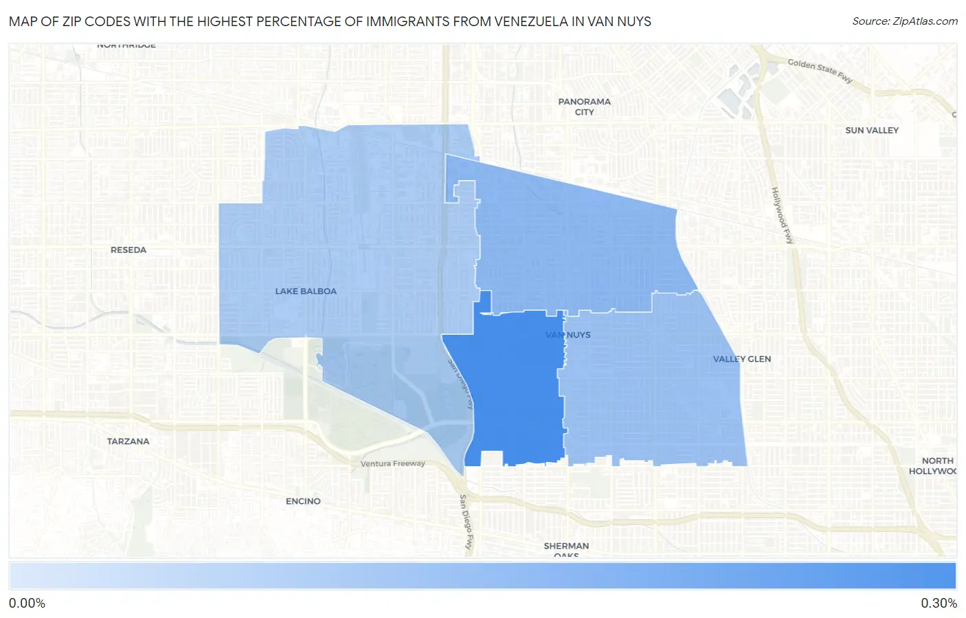Zip Codes with the Highest Percentage of Immigrants from Venezuela in Van Nuys Map