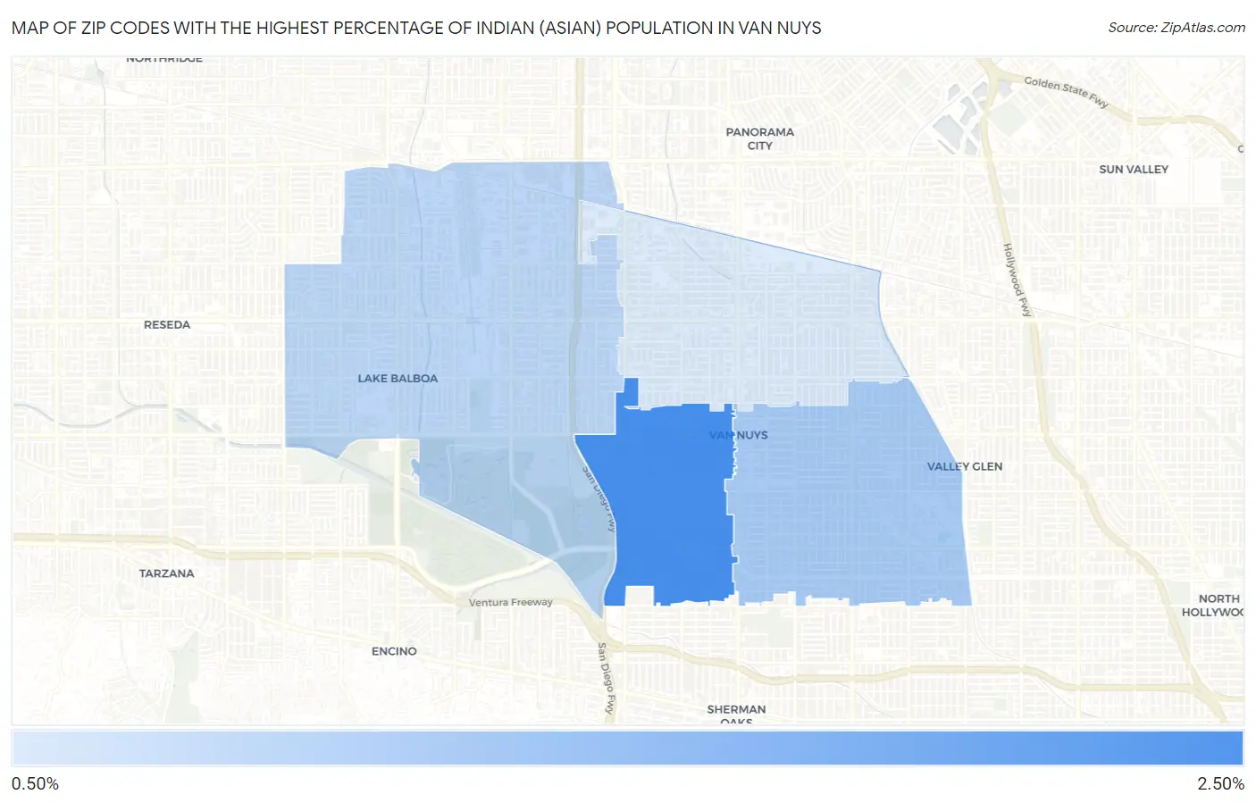 Zip Codes with the Highest Percentage of Indian (Asian) Population in Van Nuys Map