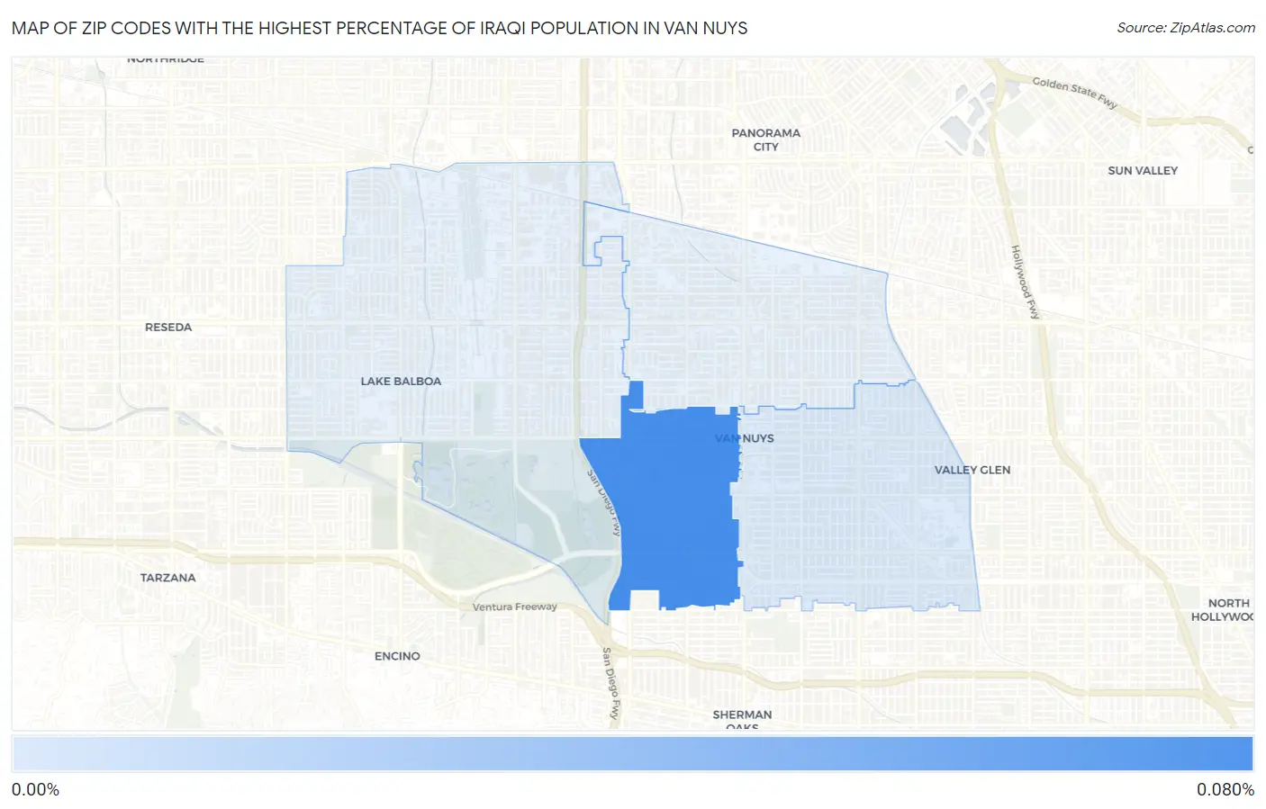 Zip Codes with the Highest Percentage of Iraqi Population in Van Nuys Map