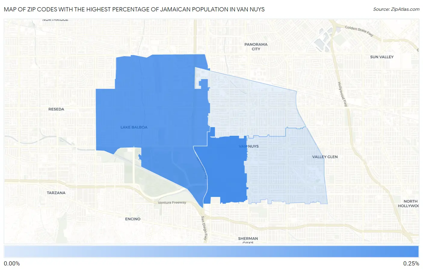 Zip Codes with the Highest Percentage of Jamaican Population in Van Nuys Map