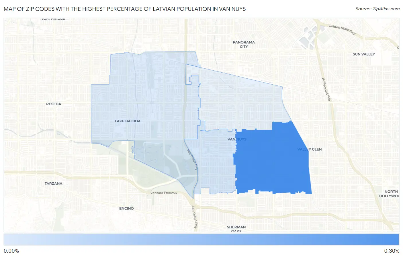 Zip Codes with the Highest Percentage of Latvian Population in Van Nuys Map