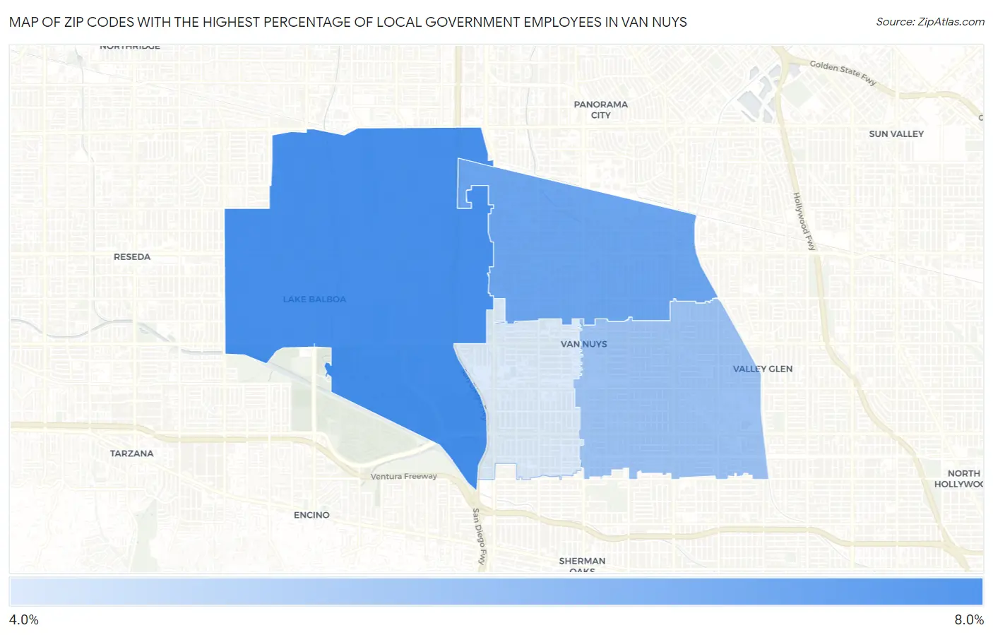 Zip Codes with the Highest Percentage of Local Government Employees in Van Nuys Map