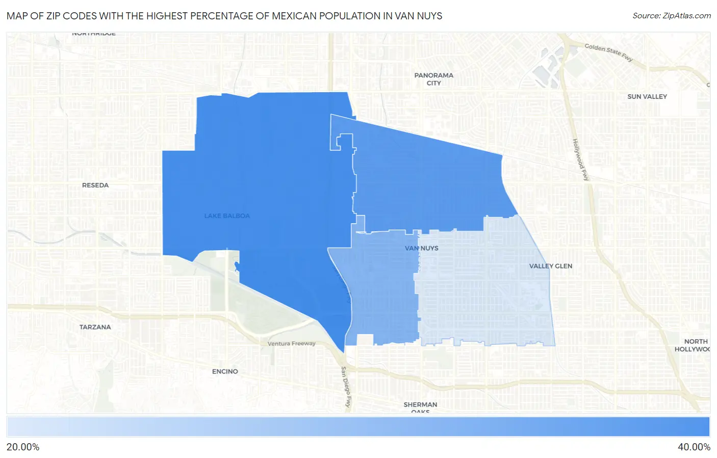 Zip Codes with the Highest Percentage of Mexican Population in Van Nuys Map