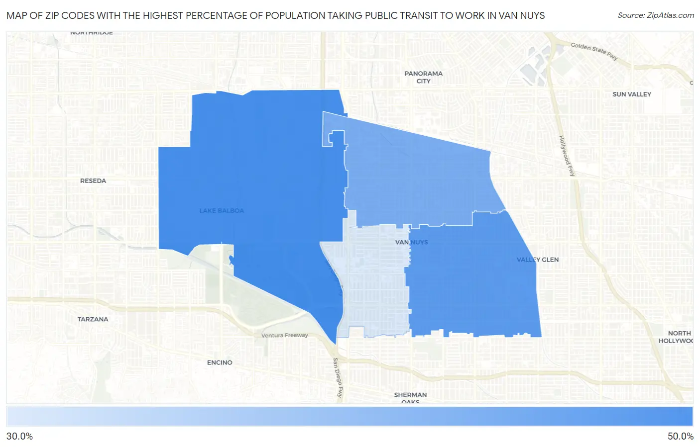 Zip Codes with the Highest Percentage of Population Taking Public Transit to Work in Van Nuys Map