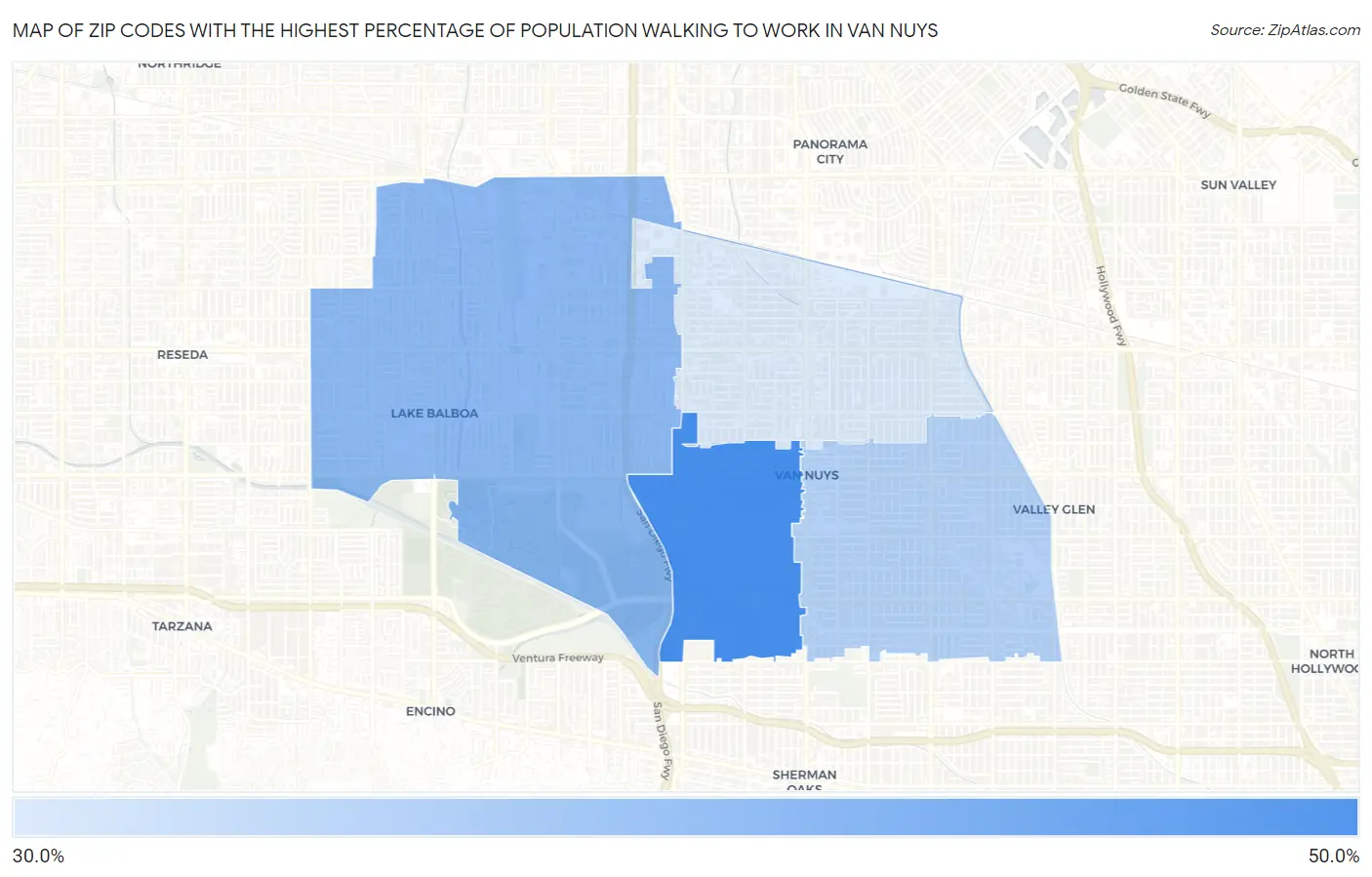 Zip Codes with the Highest Percentage of Population Walking to Work in Van Nuys Map