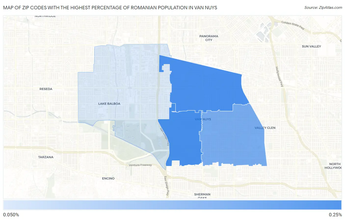 Zip Codes with the Highest Percentage of Romanian Population in Van Nuys Map