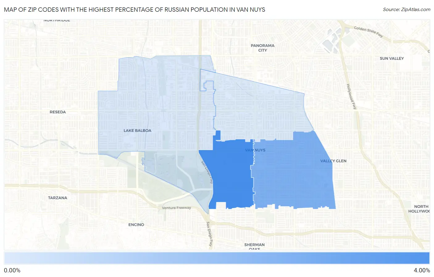 Zip Codes with the Highest Percentage of Russian Population in Van Nuys Map