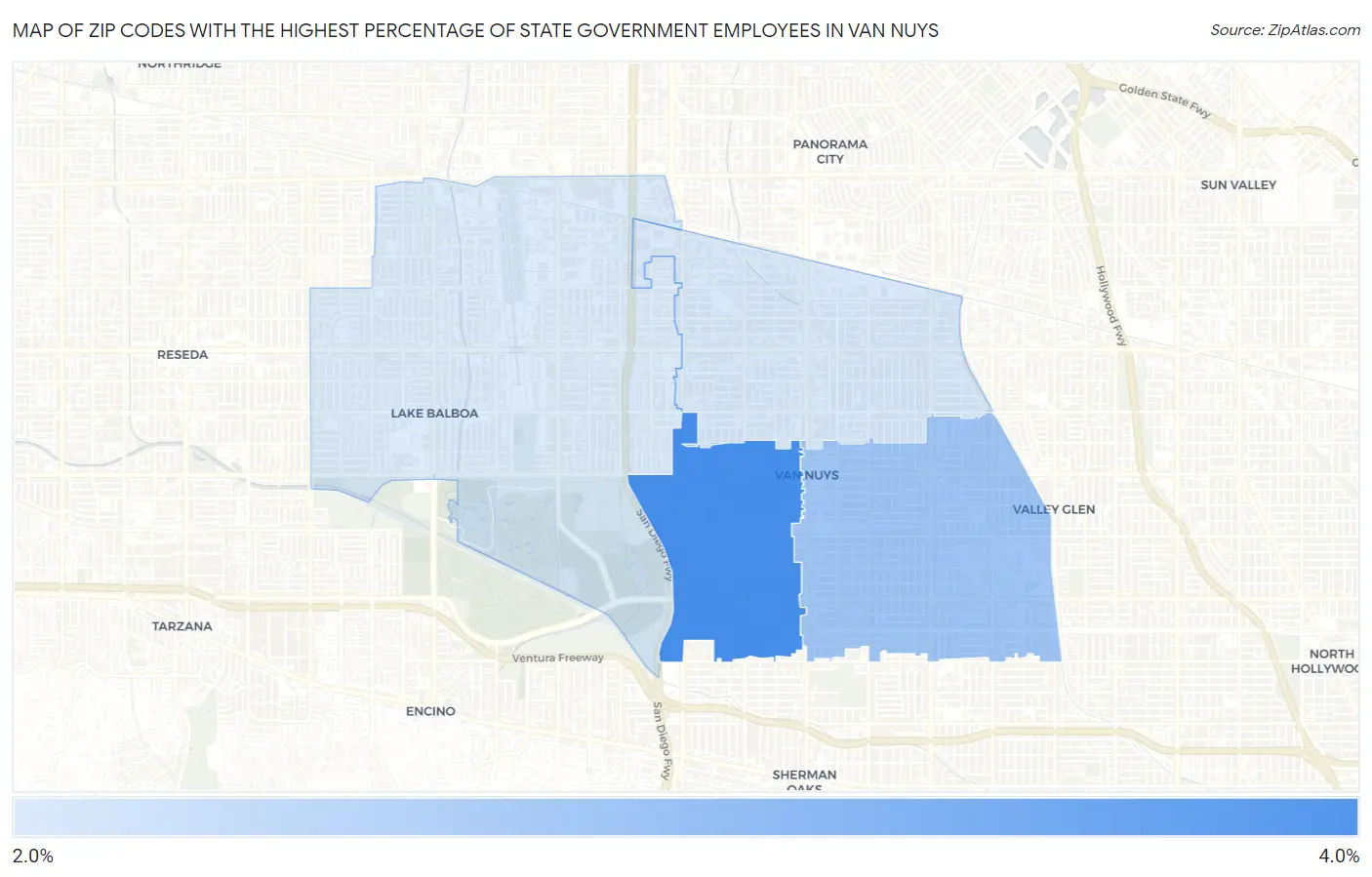 Zip Codes with the Highest Percentage of State Government Employees in Van Nuys Map