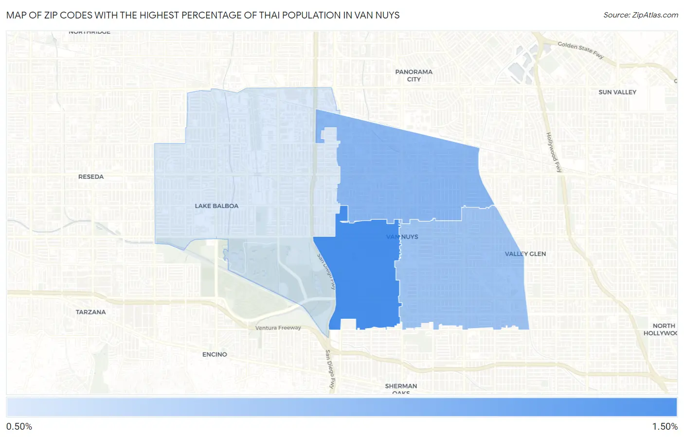 Zip Codes with the Highest Percentage of Thai Population in Van Nuys Map