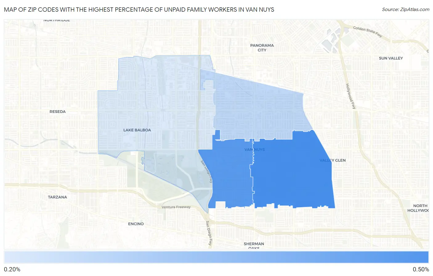 Zip Codes with the Highest Percentage of Unpaid Family Workers in Van Nuys Map