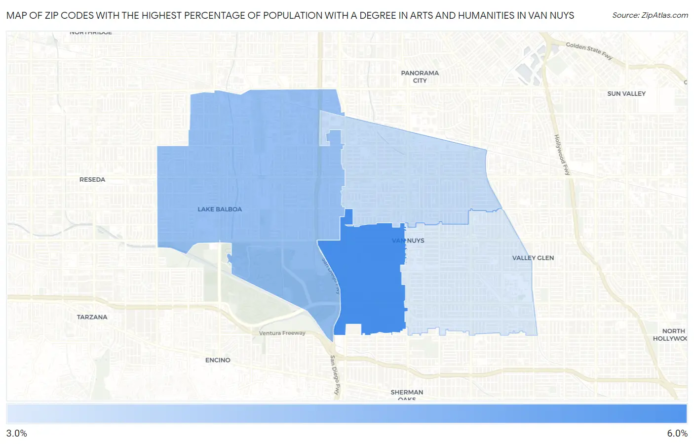 Zip Codes with the Highest Percentage of Population with a Degree in Arts and Humanities in Van Nuys Map