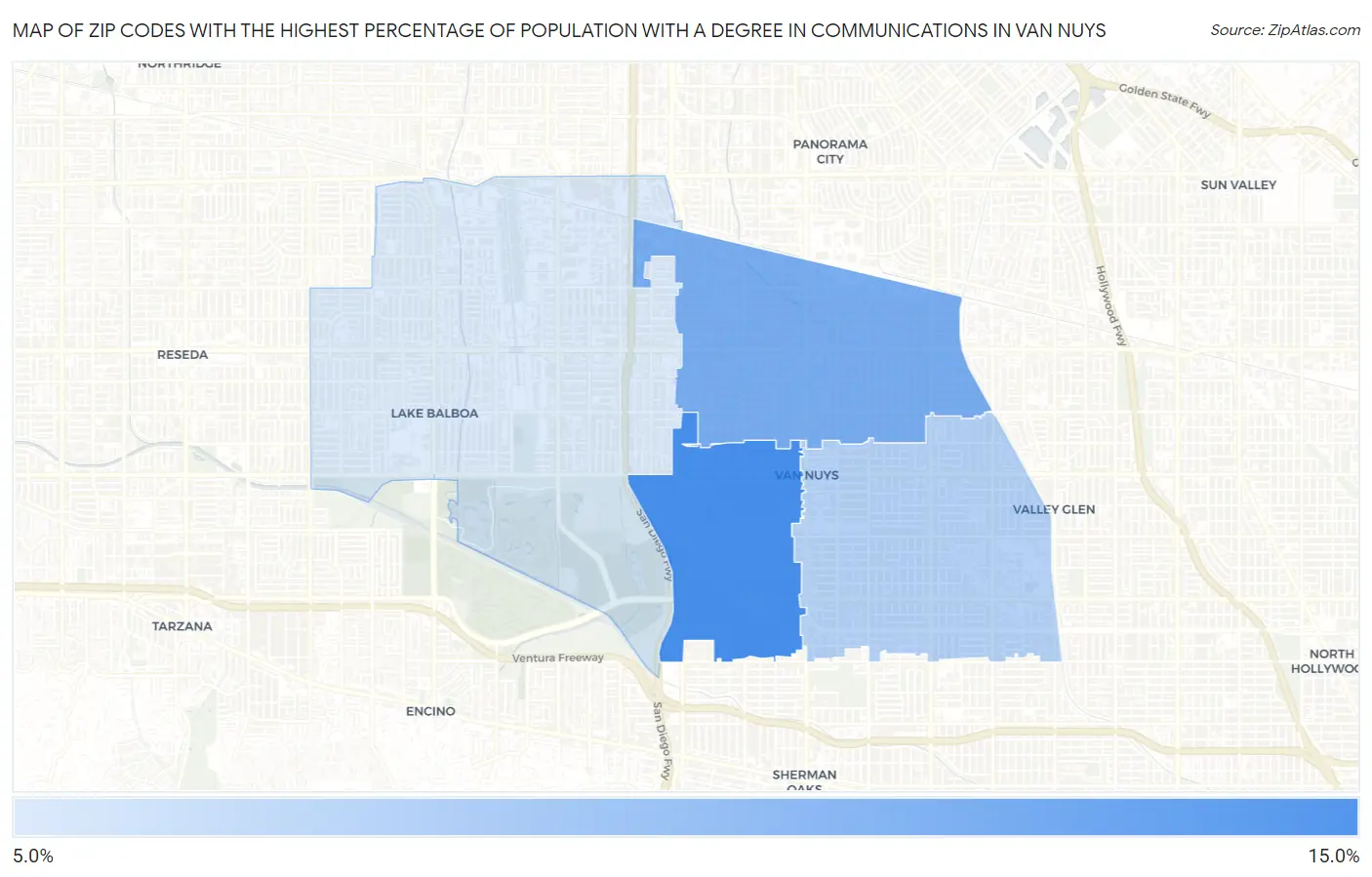 Zip Codes with the Highest Percentage of Population with a Degree in Communications in Van Nuys Map