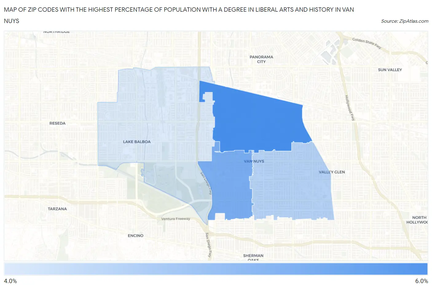 Zip Codes with the Highest Percentage of Population with a Degree in Liberal Arts and History in Van Nuys Map