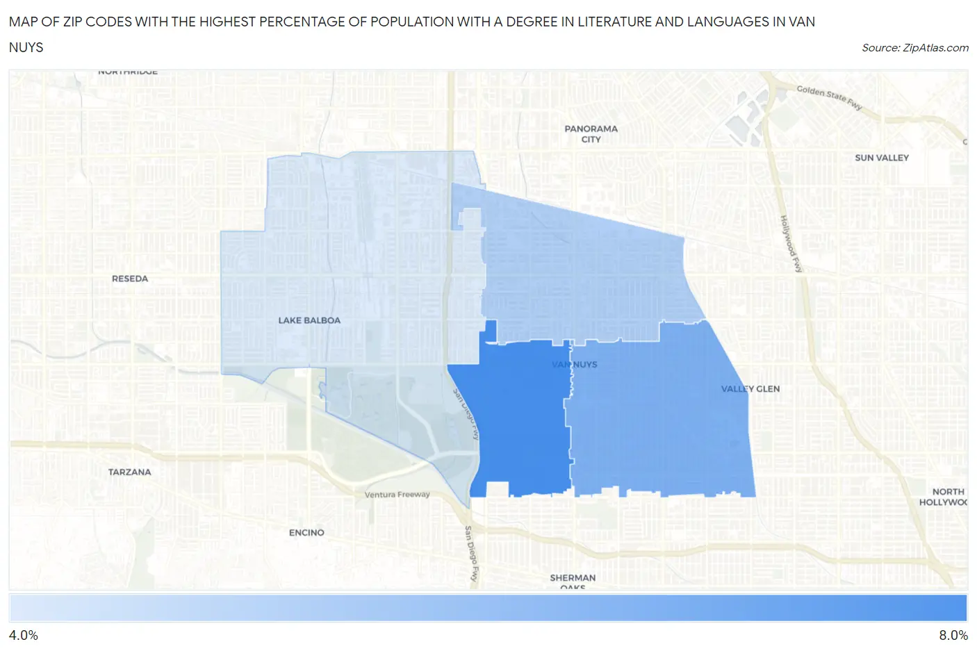 Zip Codes with the Highest Percentage of Population with a Degree in Literature and Languages in Van Nuys Map