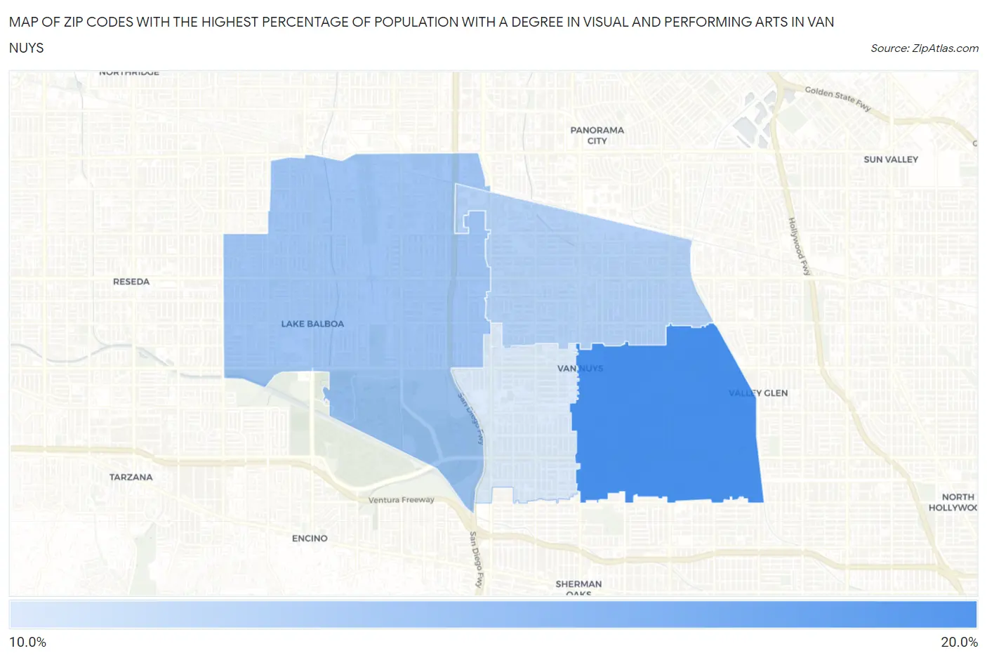 Zip Codes with the Highest Percentage of Population with a Degree in Visual and Performing Arts in Van Nuys Map
