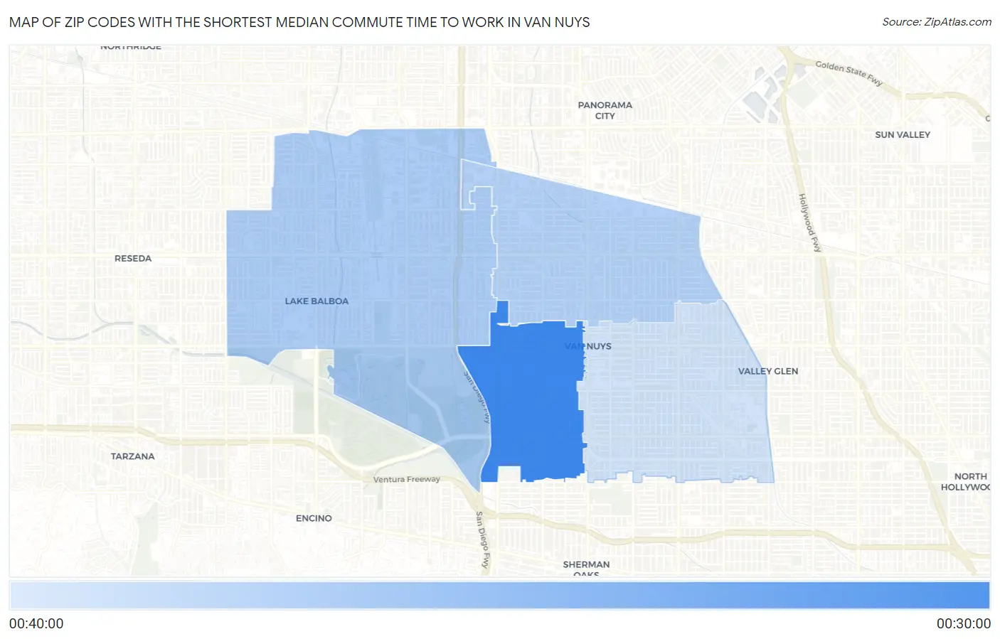 Zip Codes with the Shortest Median Commute Time to Work in Van Nuys Map
