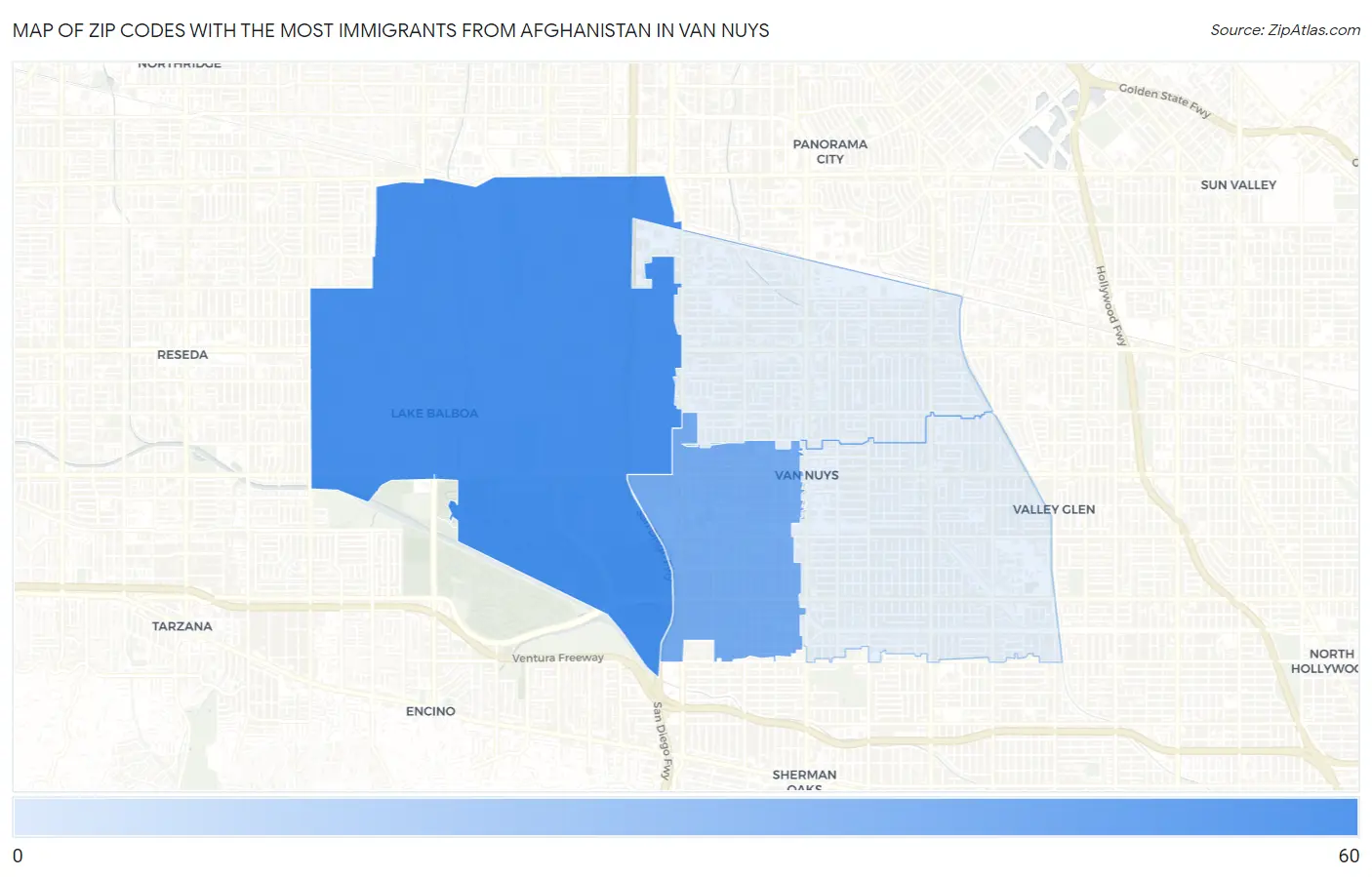 Zip Codes with the Most Immigrants from Afghanistan in Van Nuys Map