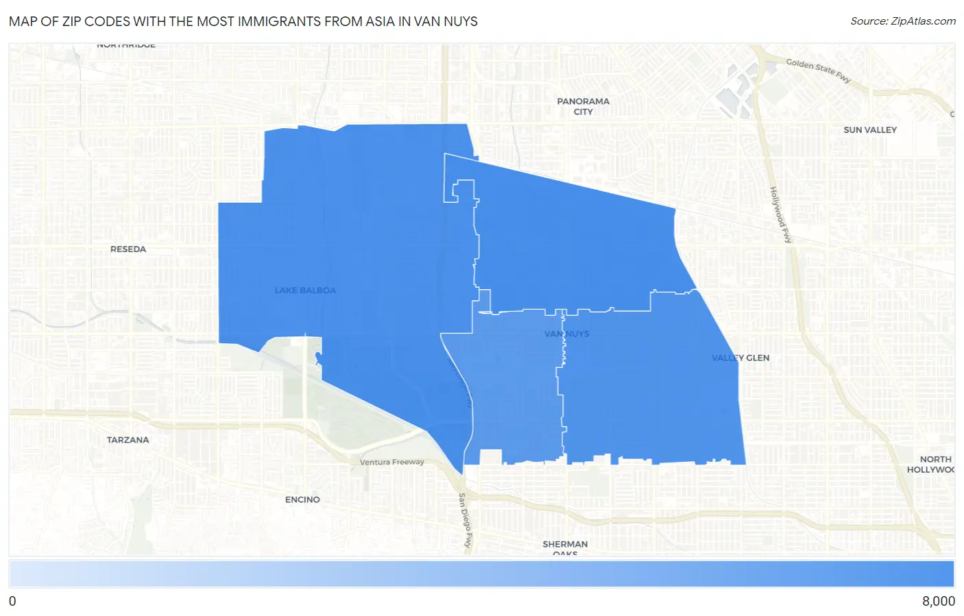 Zip Codes with the Most Immigrants from Asia in Van Nuys Map