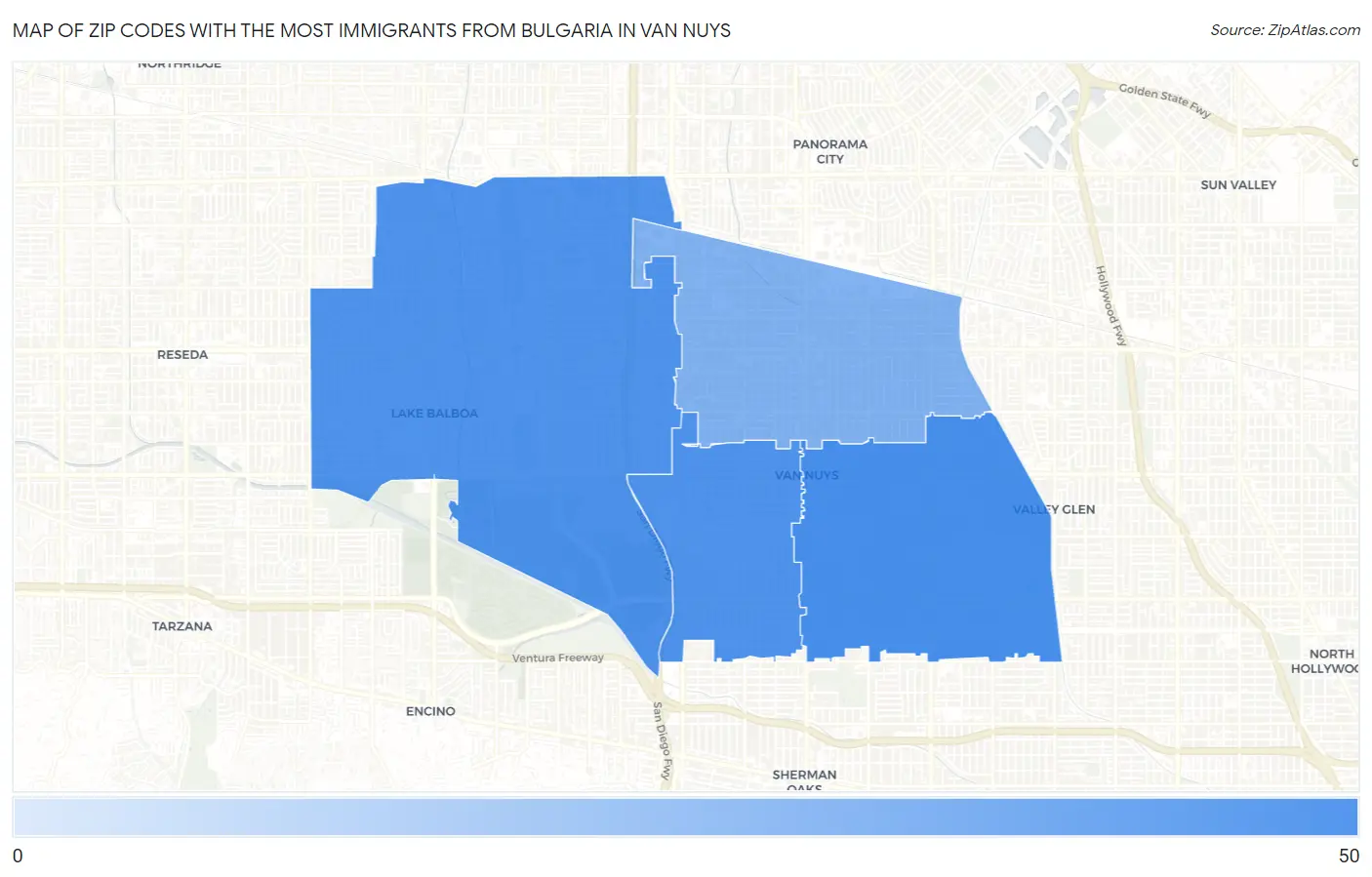 Zip Codes with the Most Immigrants from Bulgaria in Van Nuys Map
