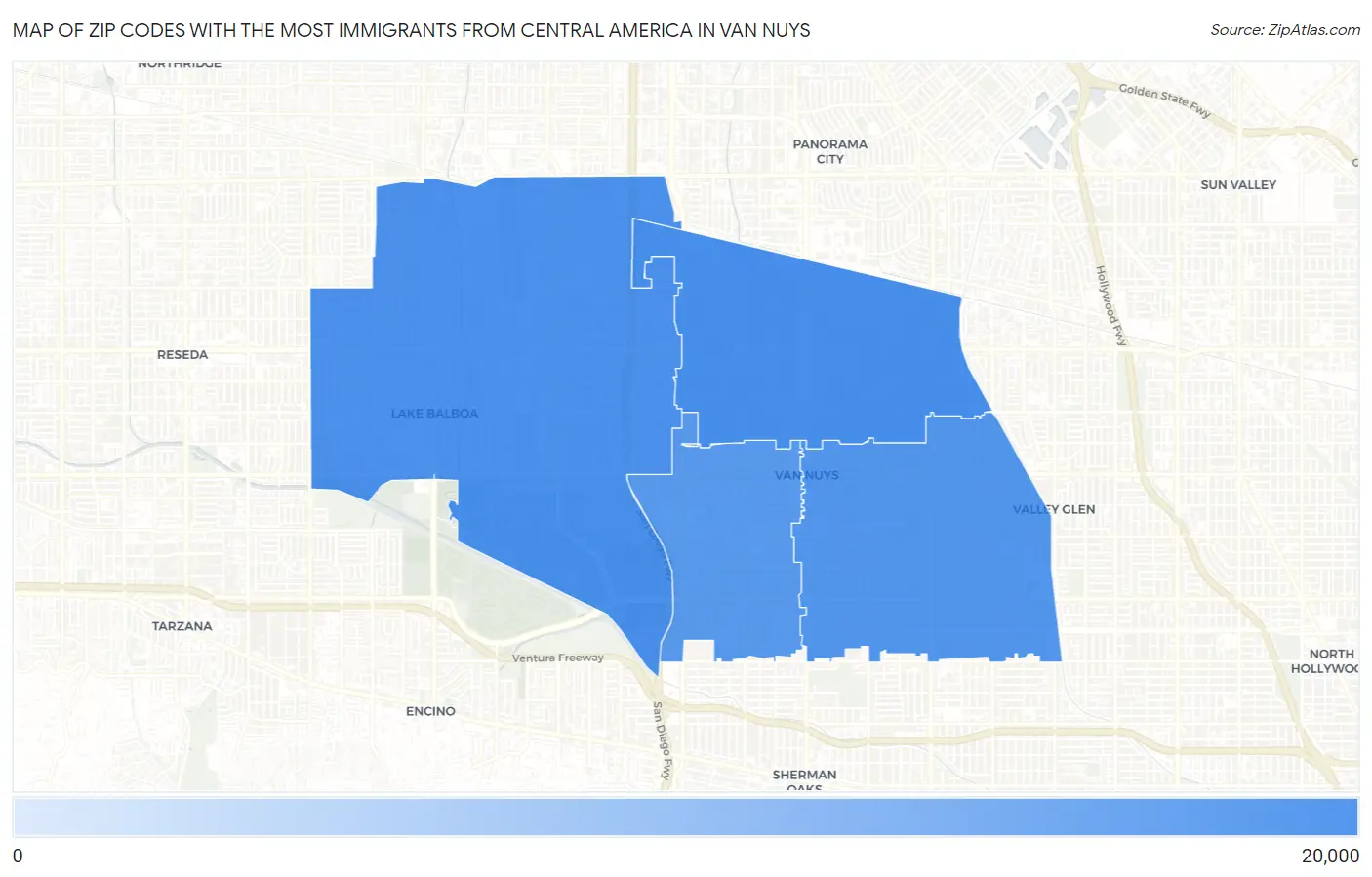Zip Codes with the Most Immigrants from Central America in Van Nuys Map