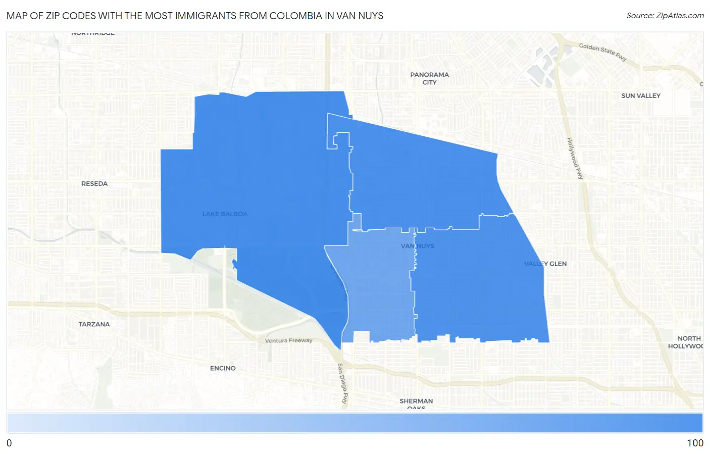 Zip Codes with the Most Immigrants from Colombia in Van Nuys Map
