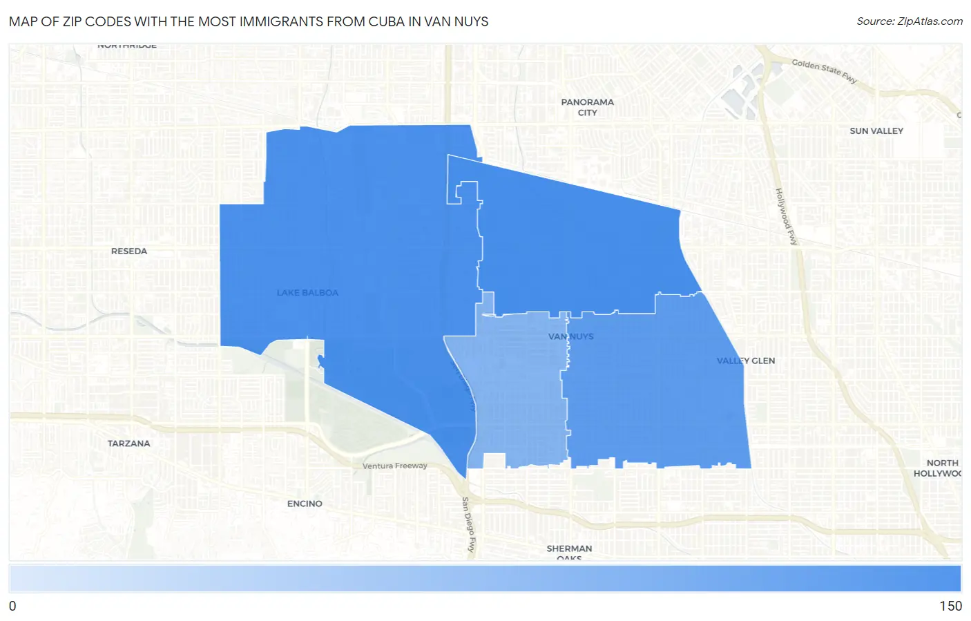 Zip Codes with the Most Immigrants from Cuba in Van Nuys Map