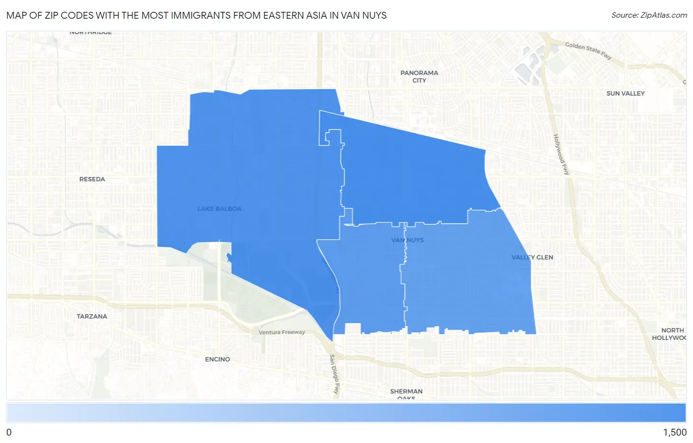 Zip Codes with the Most Immigrants from Eastern Asia in Van Nuys Map