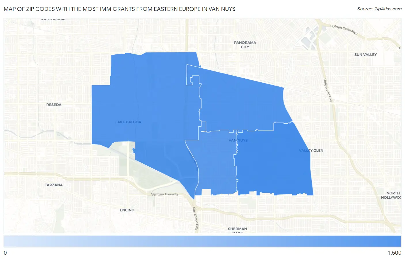 Zip Codes with the Most Immigrants from Eastern Europe in Van Nuys Map