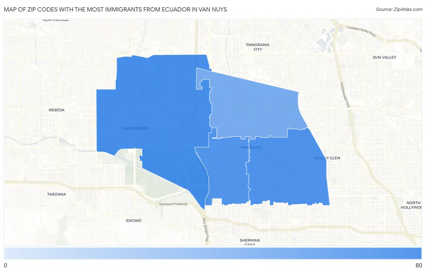 Zip Codes with the Most Immigrants from Ecuador in Van Nuys Map