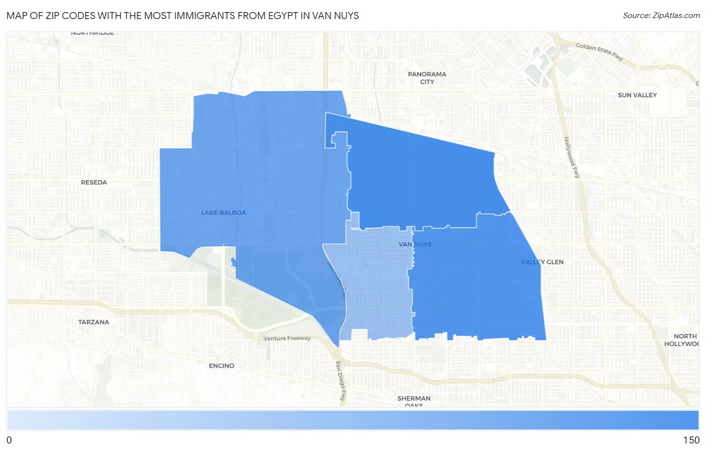 Zip Codes with the Most Immigrants from Egypt in Van Nuys Map