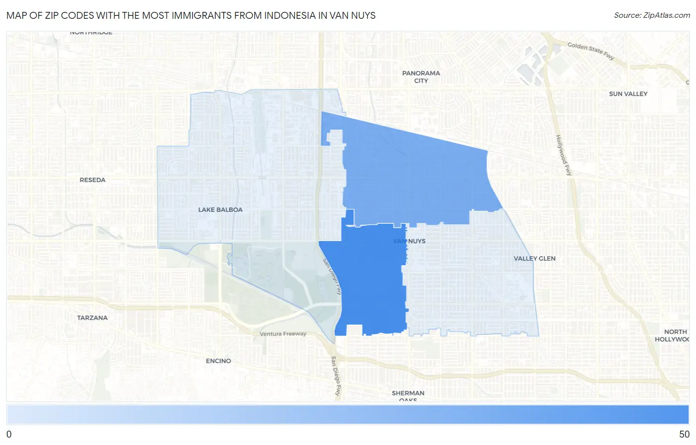 Zip Codes with the Most Immigrants from Indonesia in Van Nuys Map