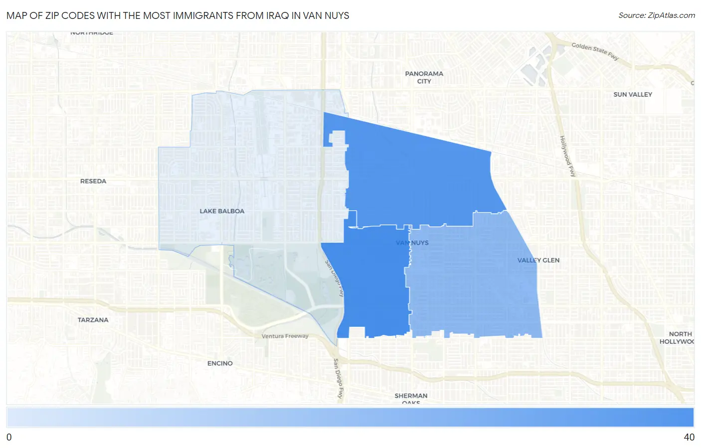 Zip Codes with the Most Immigrants from Iraq in Van Nuys Map