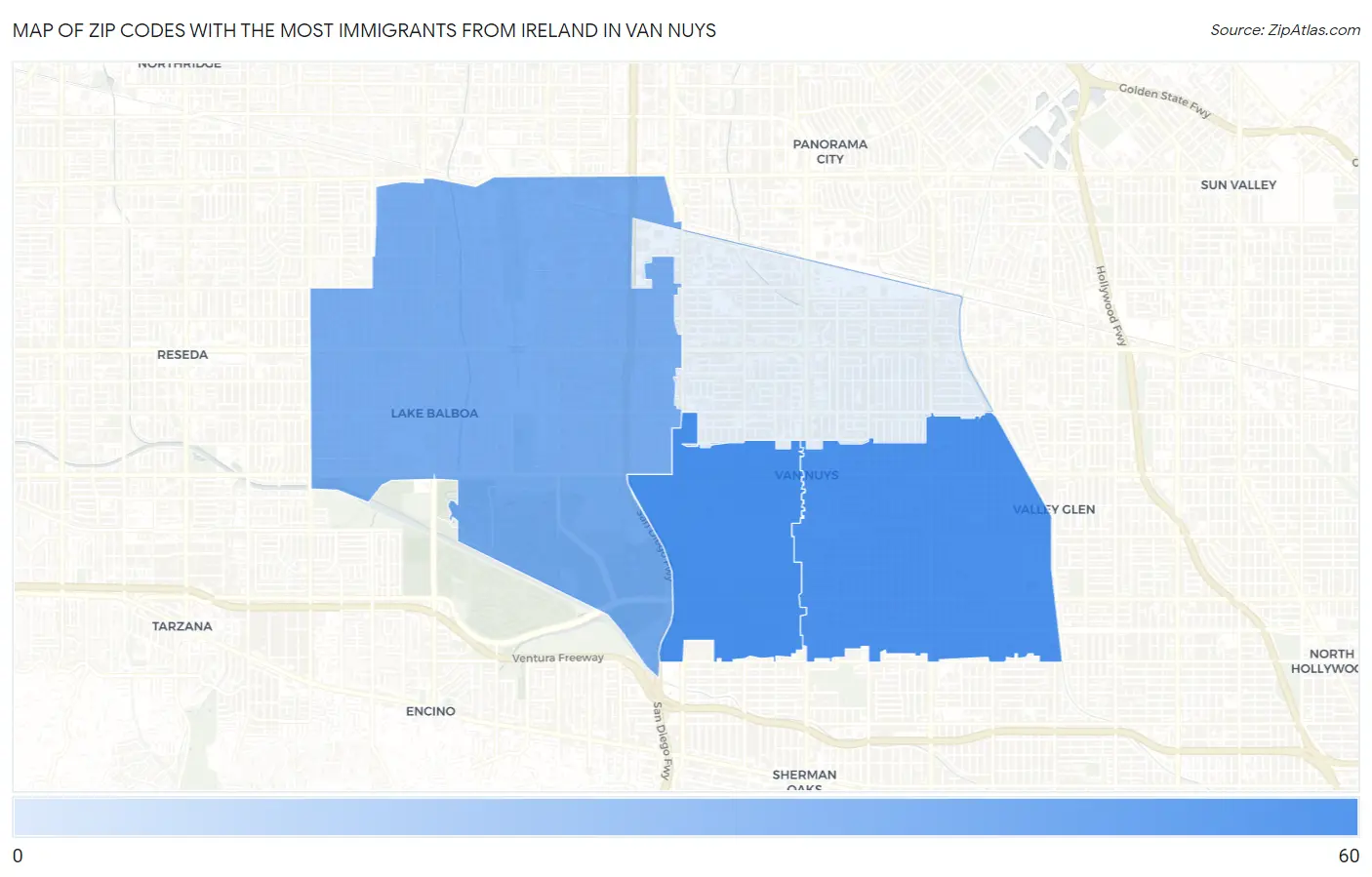 Zip Codes with the Most Immigrants from Ireland in Van Nuys Map