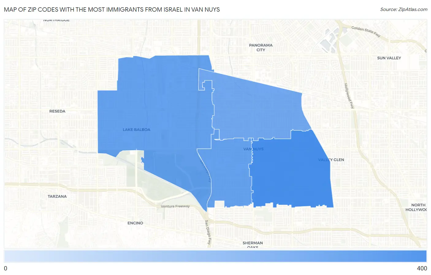 Zip Codes with the Most Immigrants from Israel in Van Nuys Map
