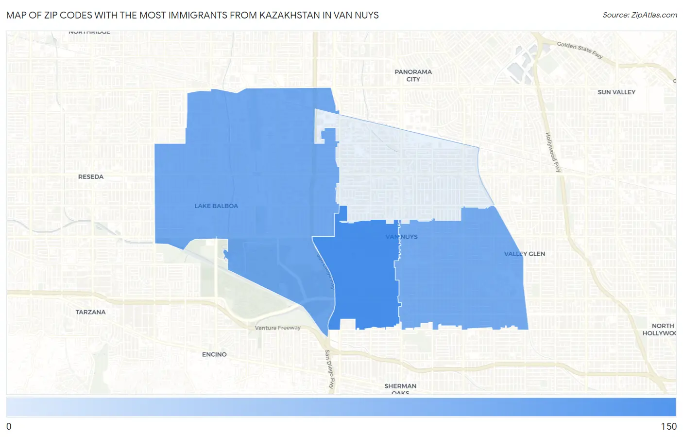 Zip Codes with the Most Immigrants from Kazakhstan in Van Nuys Map