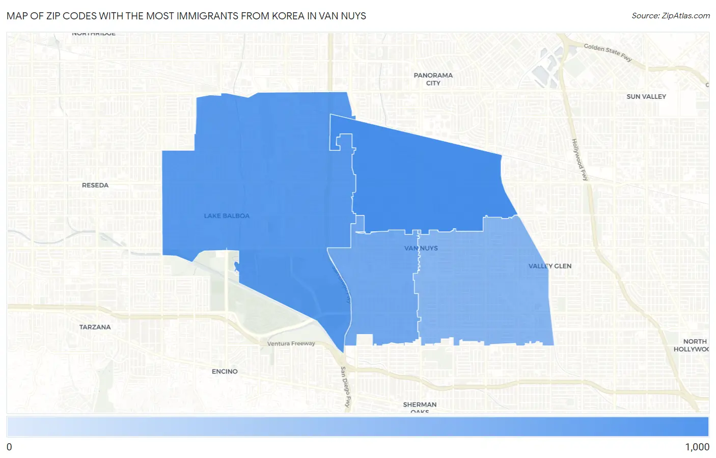Zip Codes with the Most Immigrants from Korea in Van Nuys Map