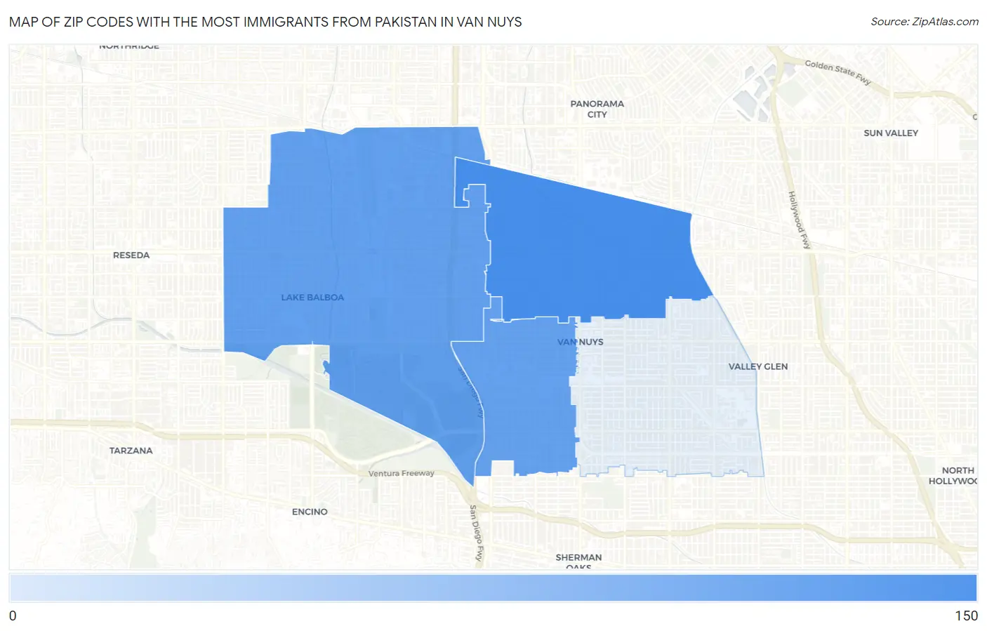 Zip Codes with the Most Immigrants from Pakistan in Van Nuys Map