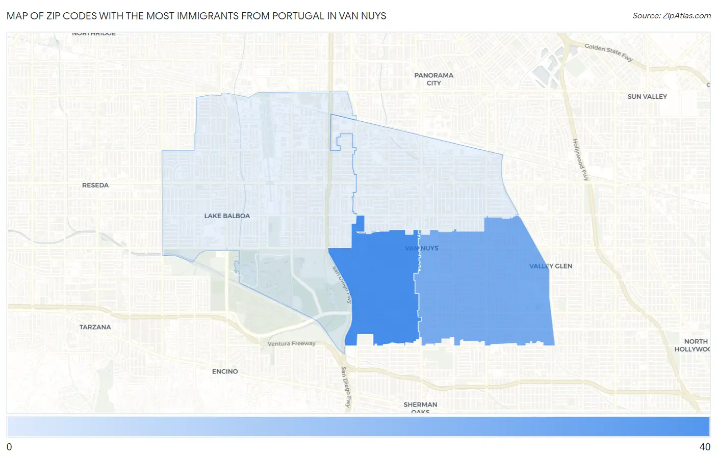 Zip Codes with the Most Immigrants from Portugal in Van Nuys Map