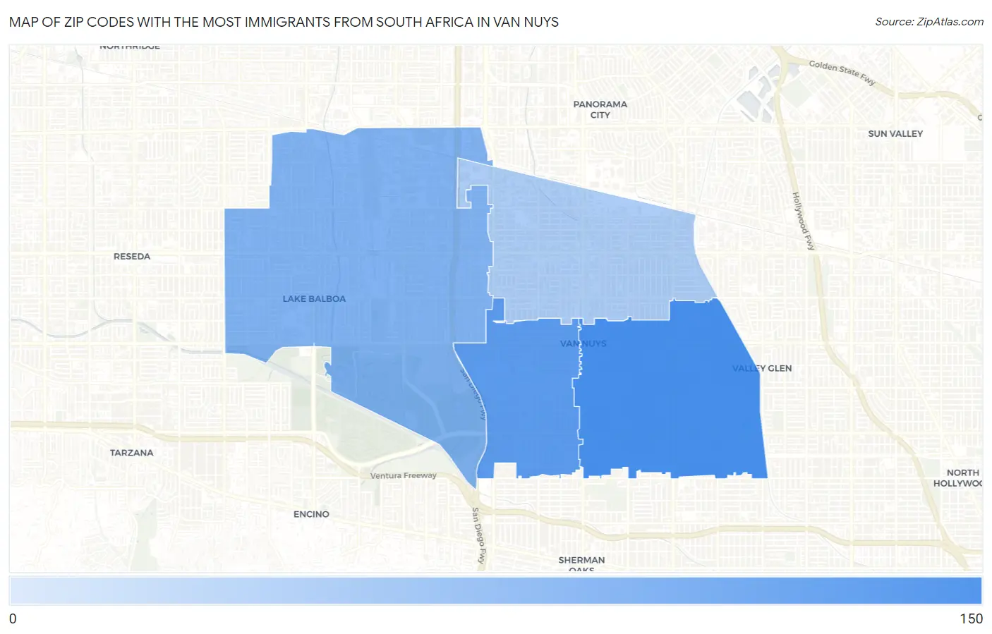 Zip Codes with the Most Immigrants from South Africa in Van Nuys Map