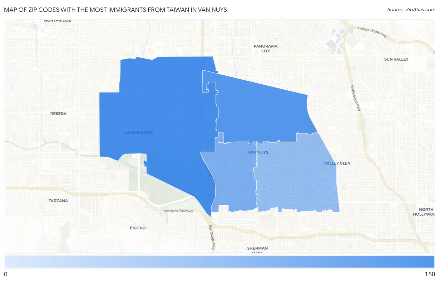Zip Codes with the Most Immigrants from Taiwan in Van Nuys Map