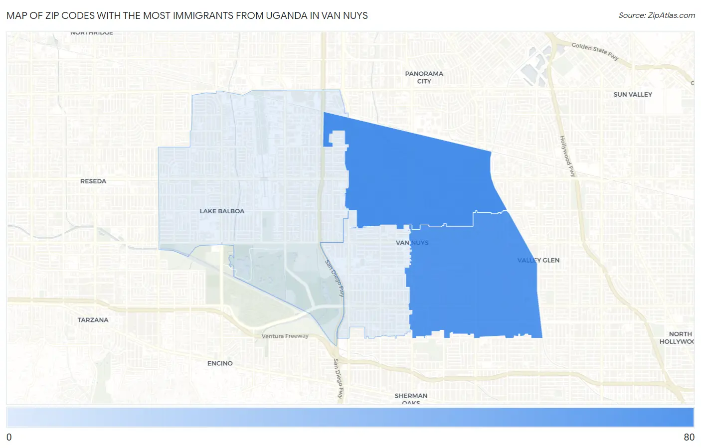 Zip Codes with the Most Immigrants from Uganda in Van Nuys Map