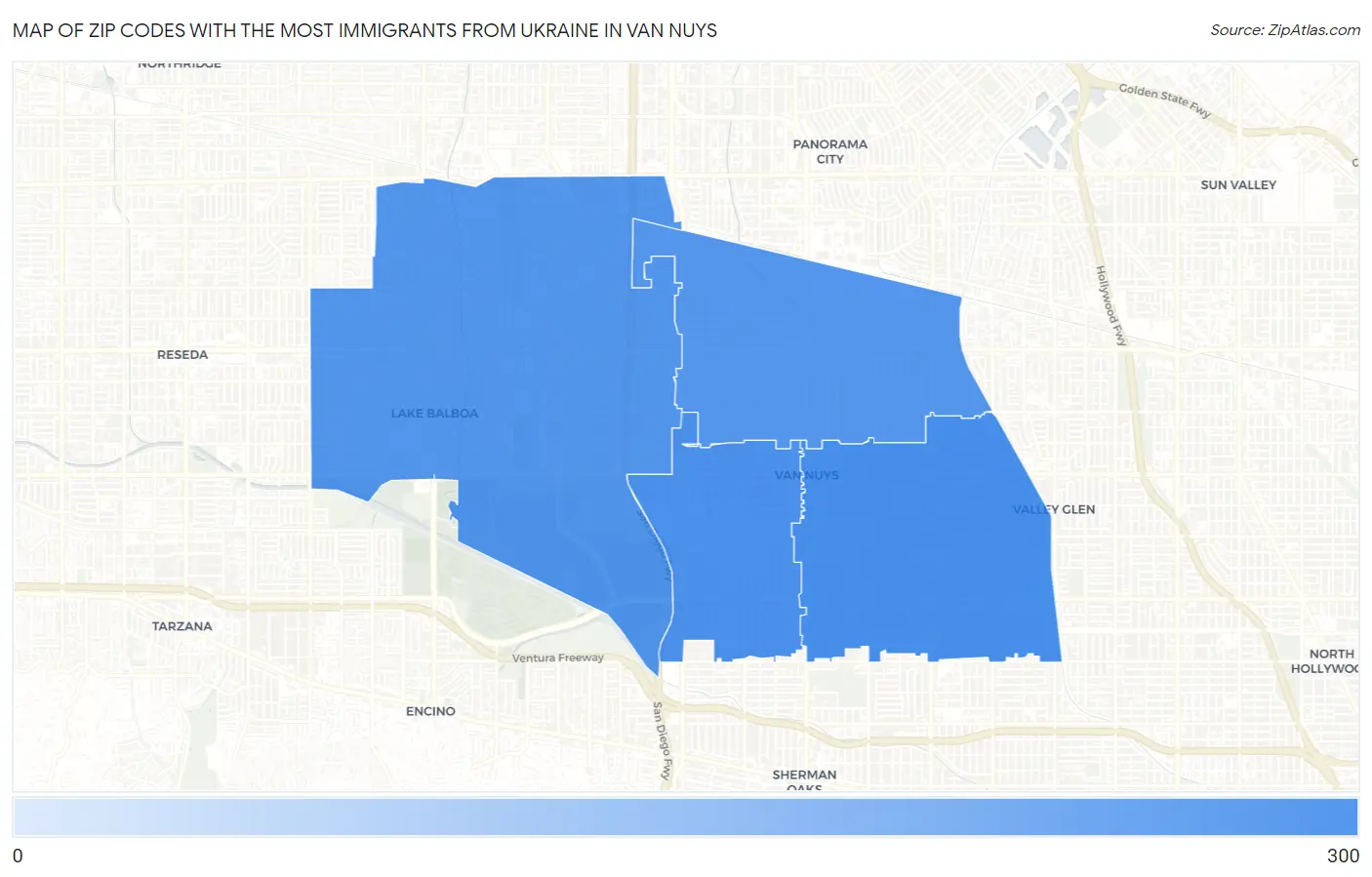Zip Codes with the Most Immigrants from Ukraine in Van Nuys Map