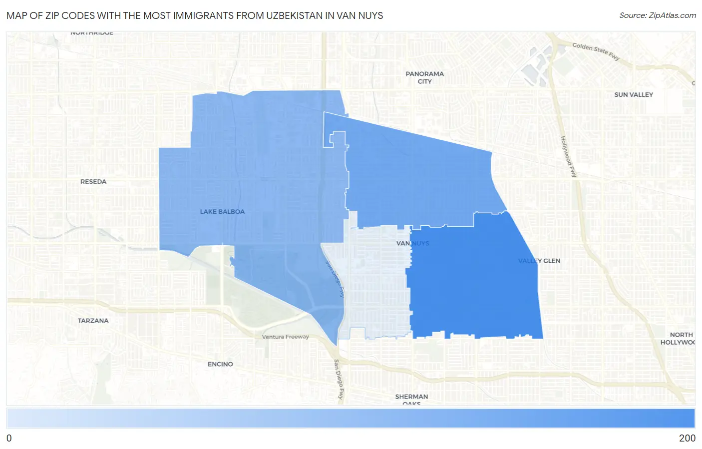 Zip Codes with the Most Immigrants from Uzbekistan in Van Nuys Map