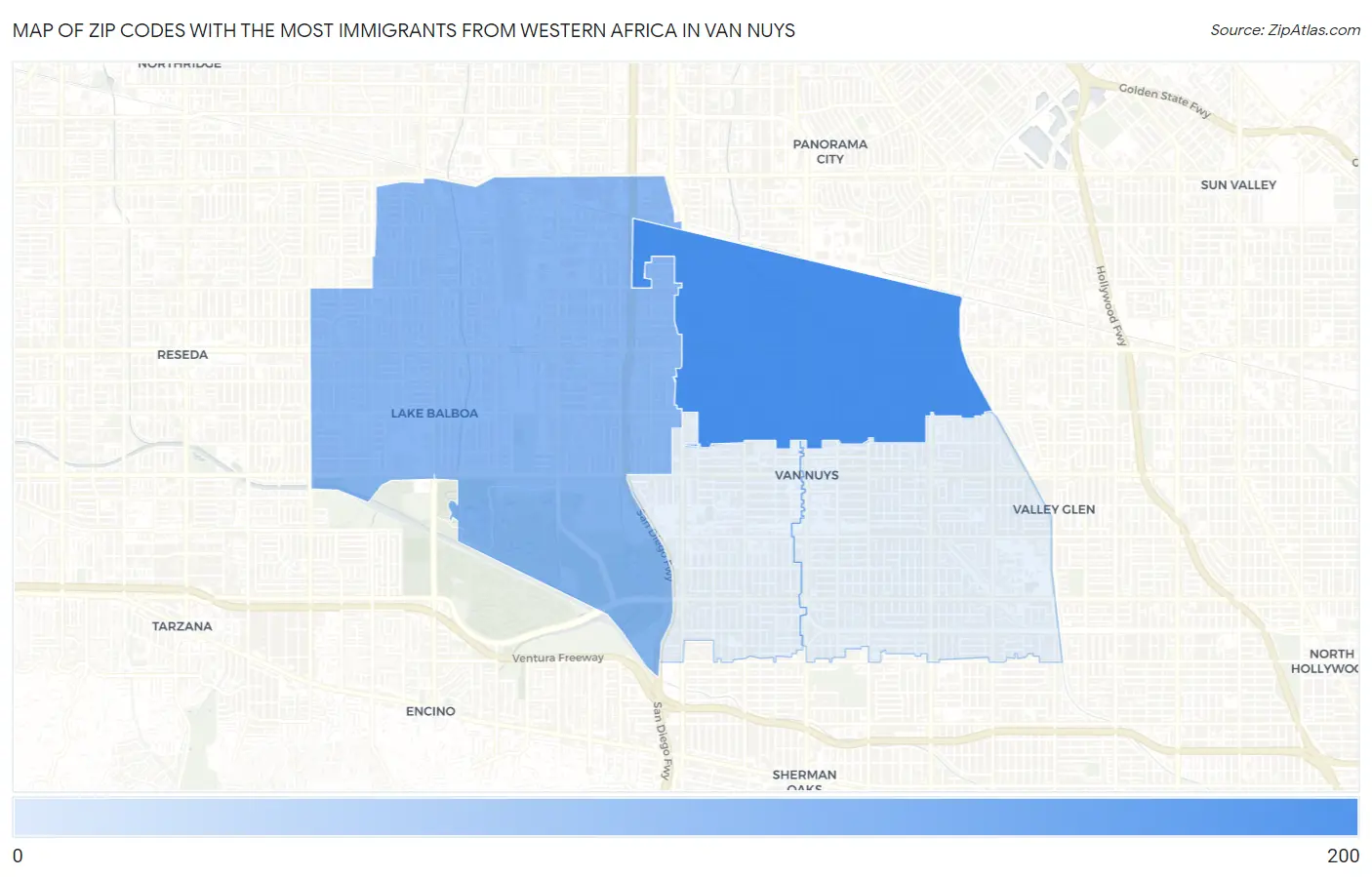 Zip Codes with the Most Immigrants from Western Africa in Van Nuys Map