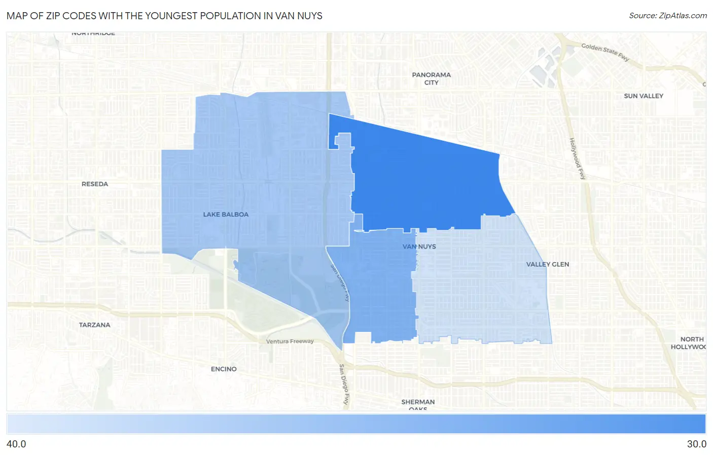 Zip Codes with the Youngest Population in Van Nuys Map