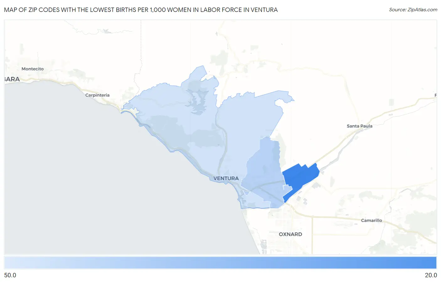Zip Codes with the Lowest Births per 1,000 Women in Labor Force in Ventura Map