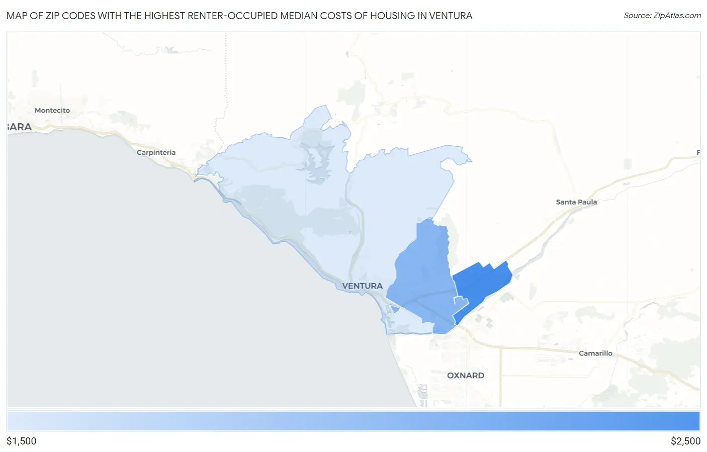 Zip Codes with the Highest Renter-Occupied Median Costs of Housing in Ventura Map