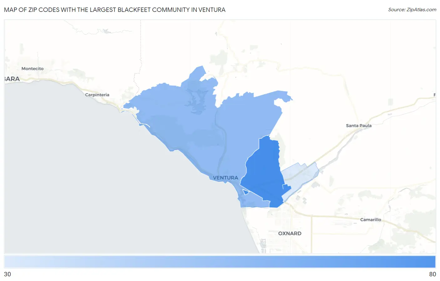 Zip Codes with the Largest Blackfeet Community in Ventura Map