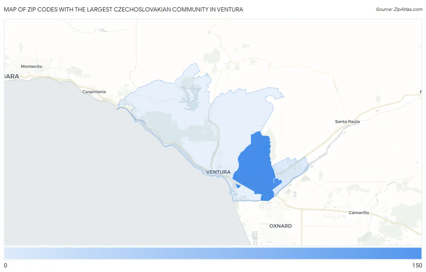 Zip Codes with the Largest Czechoslovakian Community in Ventura Map